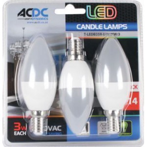 ACDC T-LEDB35R-E14-WW/3 230VAC Warm White LED Candle Lamp 3W E14 /3 Pack