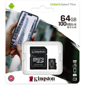 Kingston - Canvas Select Plus microSD Card SDCS2/64 GB Class 10 64GB Memory Card (SD Adapter Included)