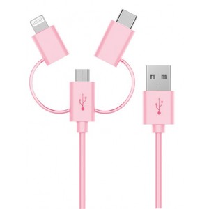 Cirago 3-in-1 Sync and Charge Cable with Lightning USB-C Micro USB Connectors - Rose Gold