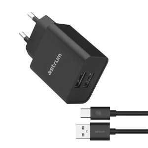 Astrum Pro Dual U24 12W 2.4A Dual USB Wall Fast Travel Charger + USB-C Cable – Black