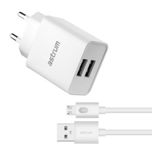 Astrum Pro Dual U24 12W 2.4A Dual USB Fast Travel Charger + Micro USB Cable – White